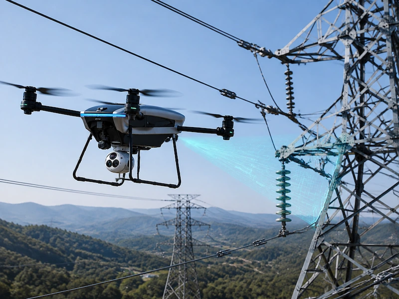 Hydrogen UAV with AI payload system inspecting power grid infrastructure