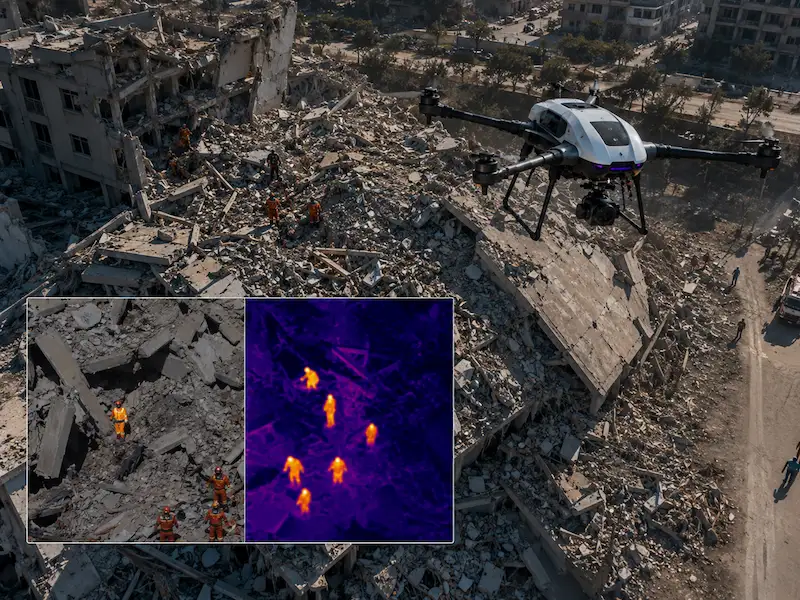 EO/IR thermal imaging UAV detecting survivors in a disaster area