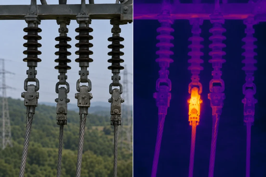 Thermal drone inspection detecting electrical hotspot on power grid equipment