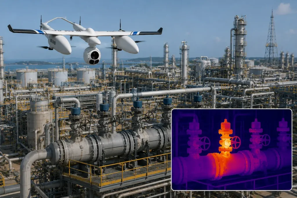 Thermal imaging payload detecting temperature anomaly during industrial UAV inspection