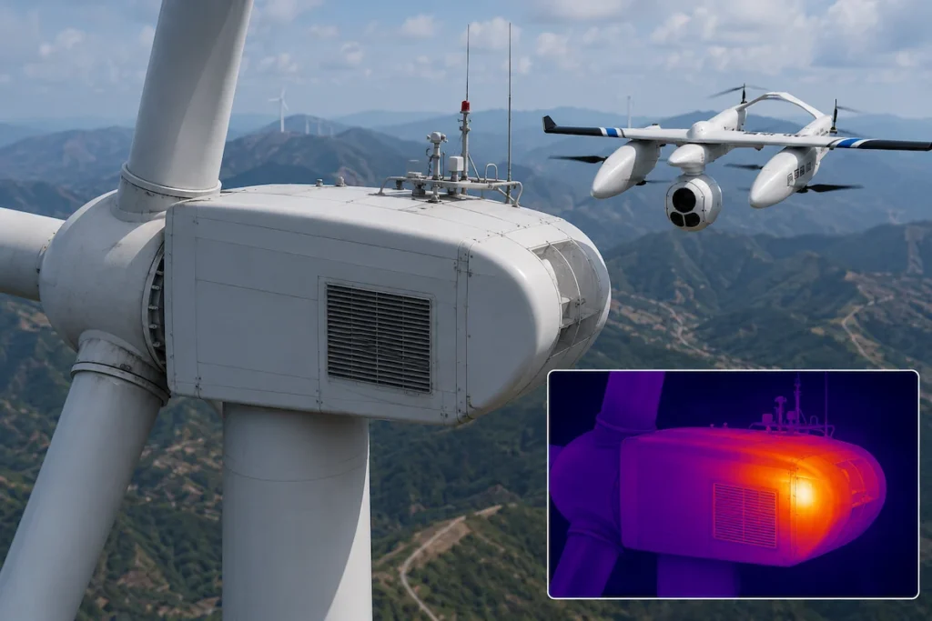 Thermal imaging payload detecting abnormal heat during wind turbine inspection