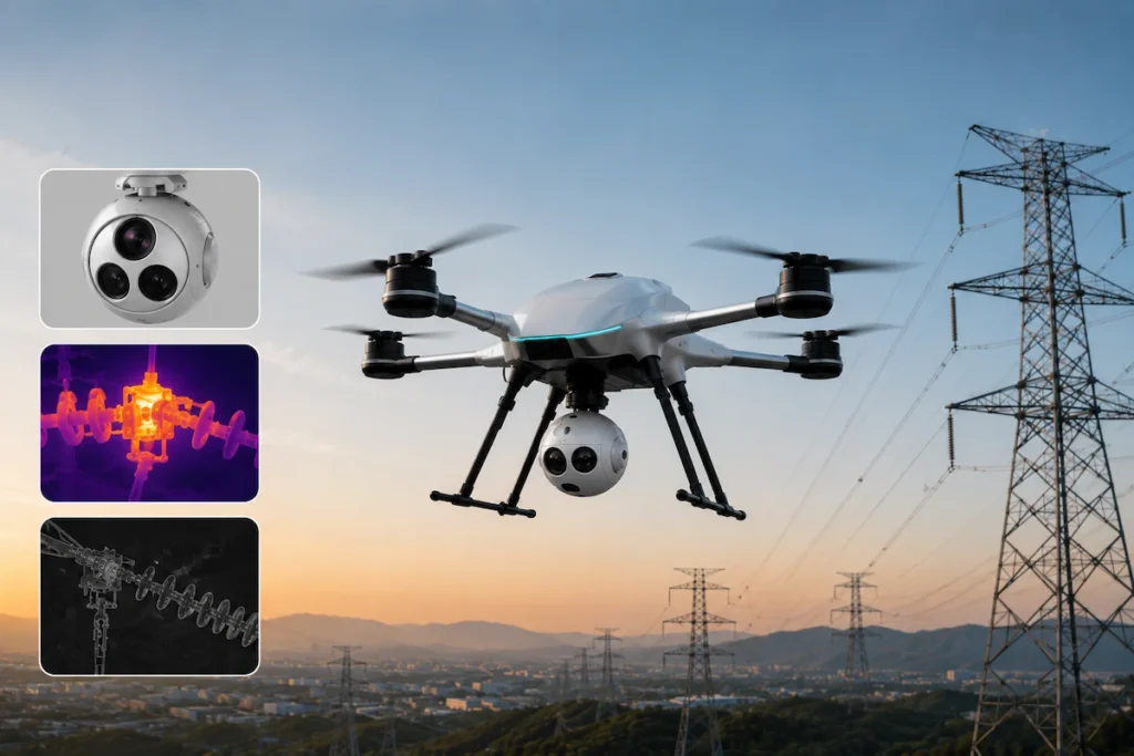 UAV performing power line inspection with EO/IR payload