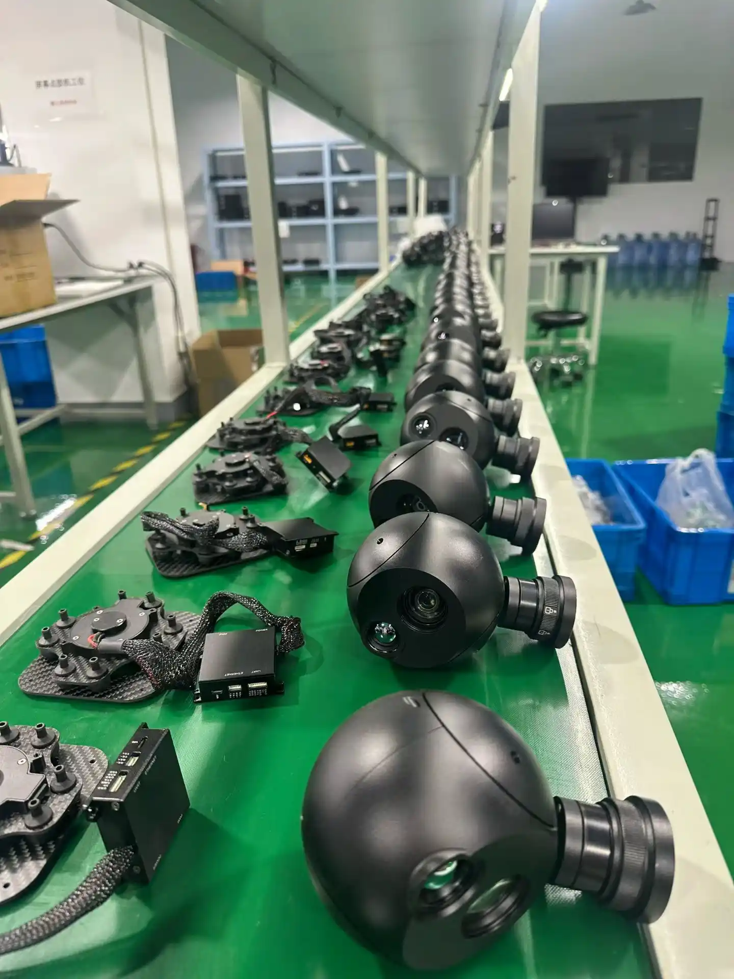 Production line assembling stabilised gimbal camera payloads at the HITS factory