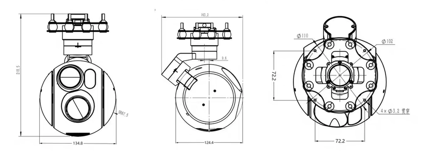 Outline drawing of the HQ-135T payload with mounting and interface dimensions