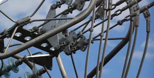 Transmission tower hardware seen by a UAV payload in daylight