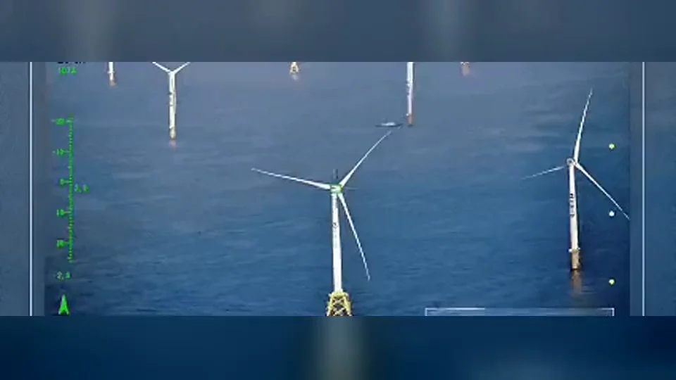 Offshore wind turbines seen through a UAV imaging payload during a blade inspection