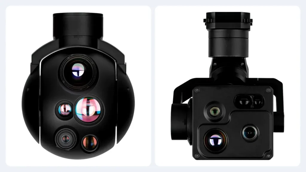 HITS two-axis and three-axis gimbal camera payloads shown side by side for comparison