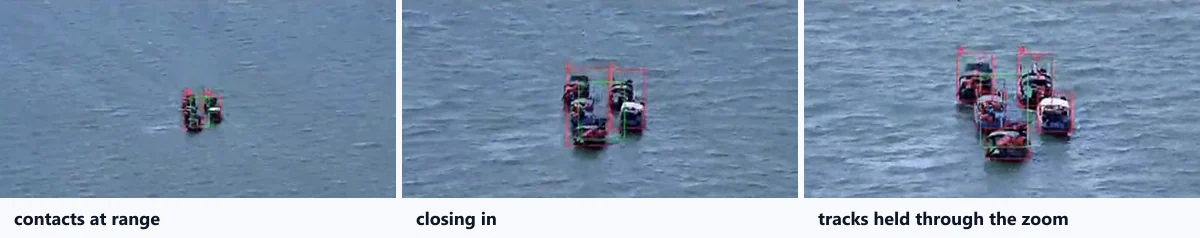 Three moments from one HITS payload tracking clip showing contacts at range, closing in, and tracks held through a zoom change