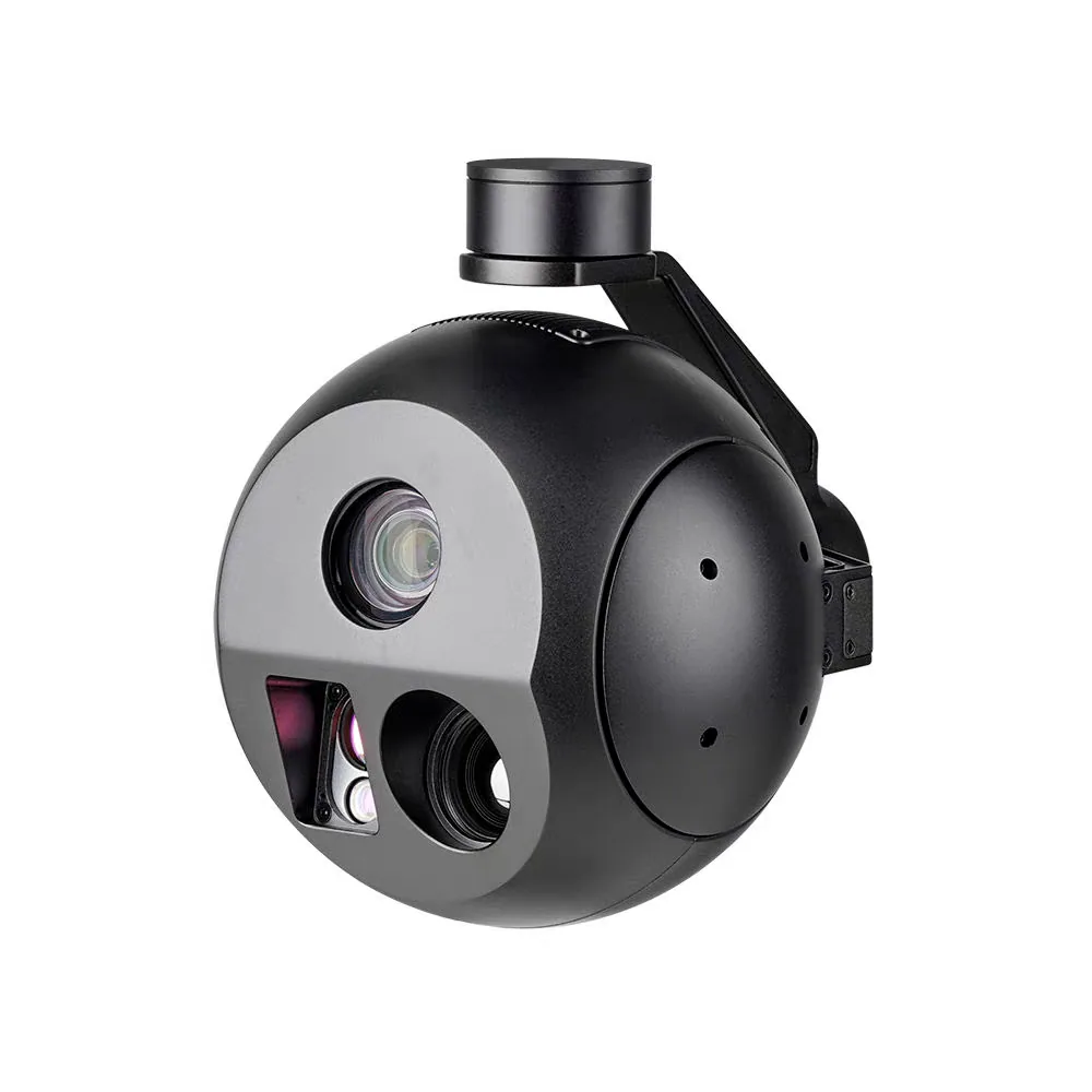 Three-sensor HITS gimbal camera payload showing the daylight, thermal and laser rangefinder windows and mounting interface