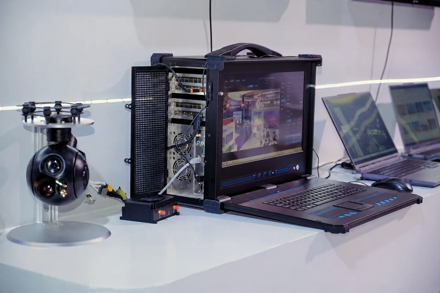 HITS gimbal camera payload on a test bench with control computer and monitors showing live EO and thermal imagery