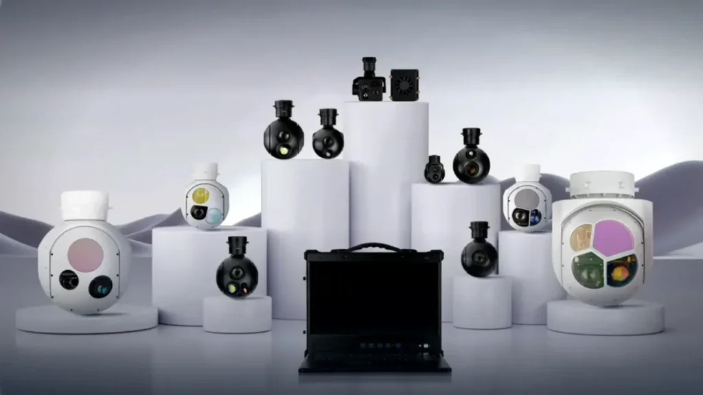 HITS long-range UAV gimbal cameras with EO/IR zoom and optional laser rangefinder, shown as a full payload family