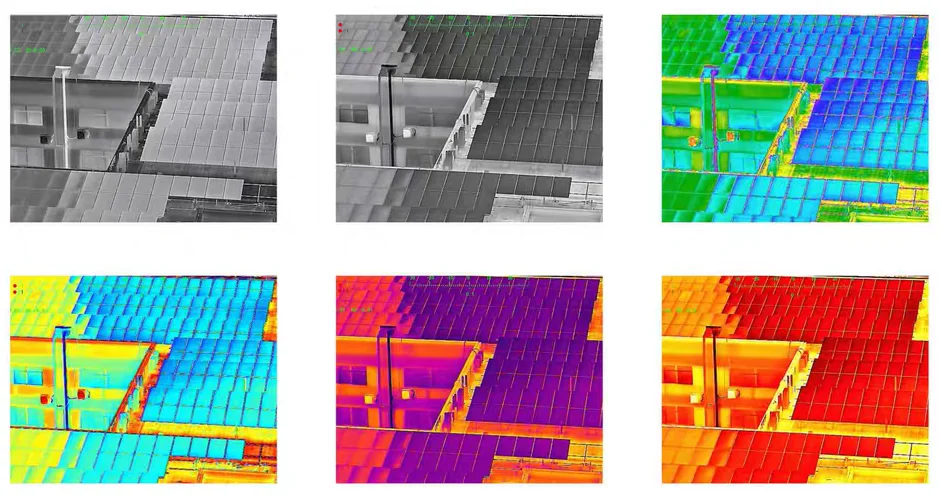 The same thermal video shown in six display palettes, from white-hot greyscale to rainbow, on a HITS thermal payload