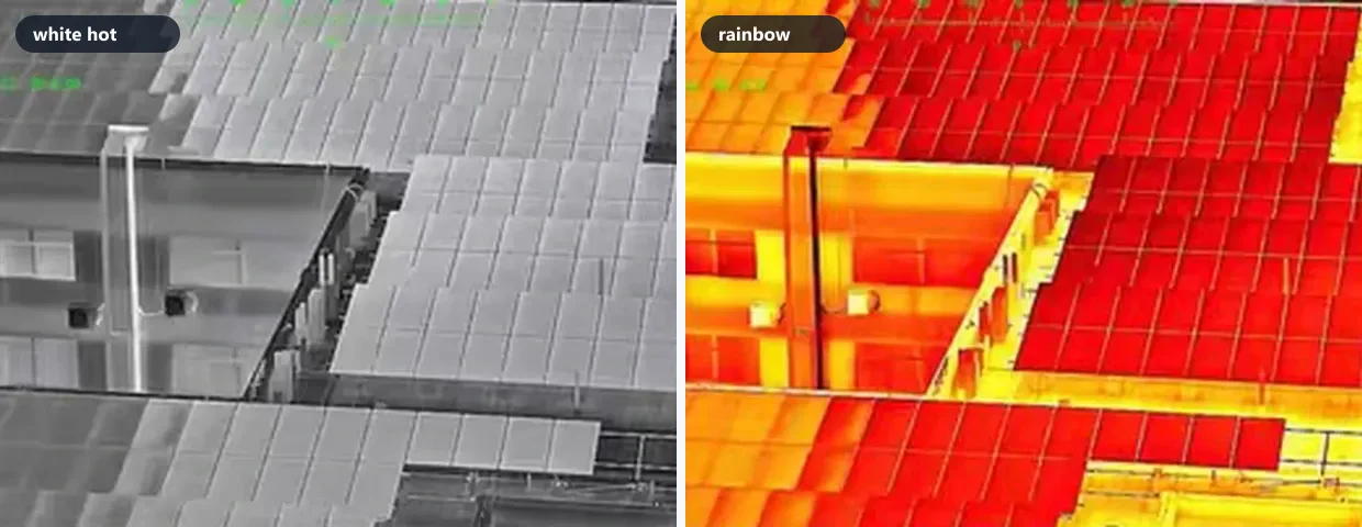 The same thermal frame of a solar array shown in a white-hot palette and a rainbow palette