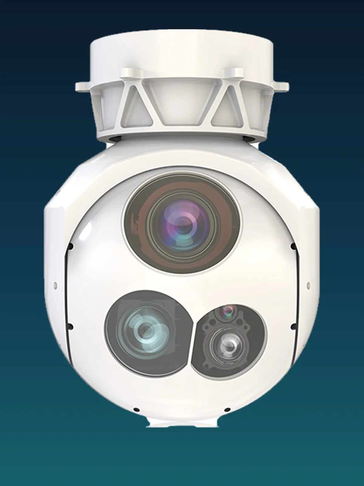 Close detail of the multi-sensor turret on a HITS camera payload showing the daylight, thermal and laser apertures