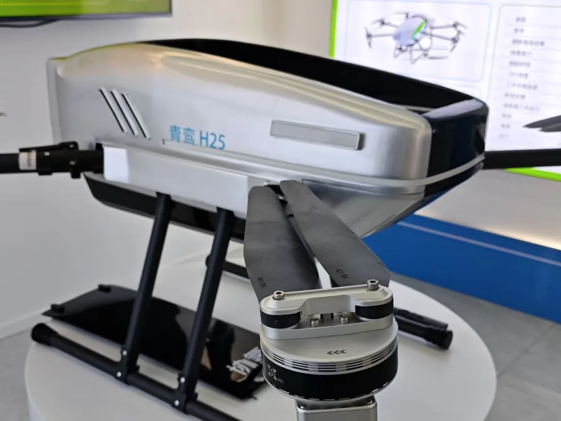 HITS UAV gimbal camera payload mounted on an aircraft on a rotary test stand during ground testing