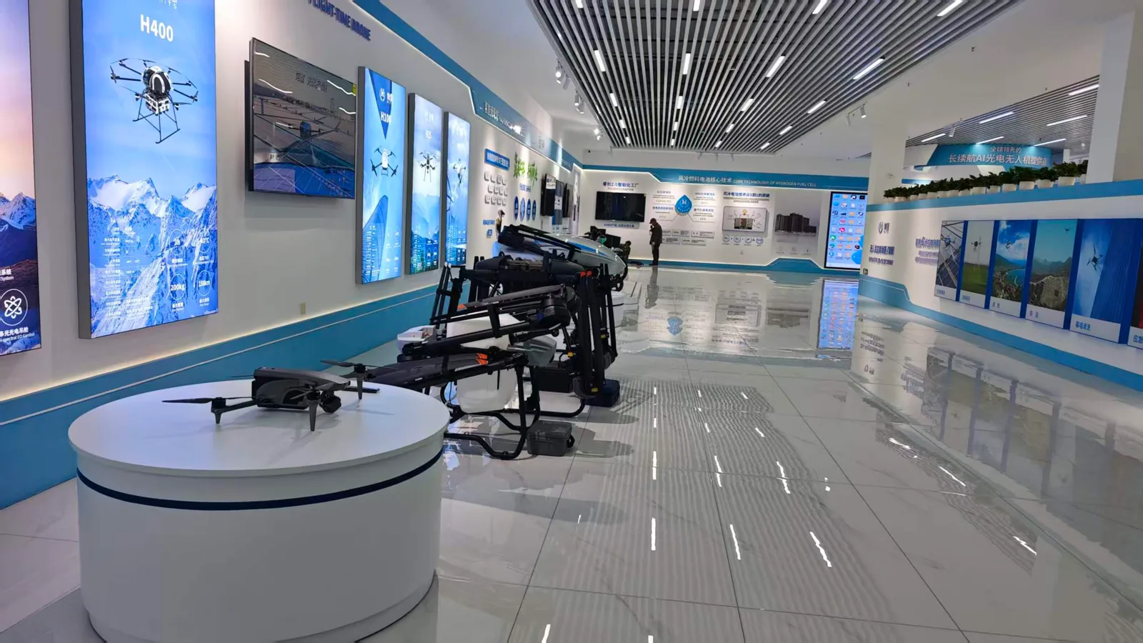 Multirotor UAVs on display in the HITS showroom in Mudanjiang