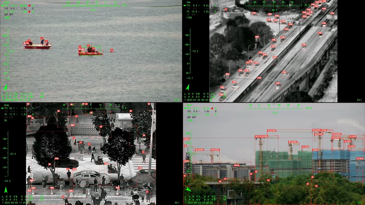 Thermal imaging feeds from HITS UAV payloads showing vessels at sea, highway traffic and a construction site with detection overlays