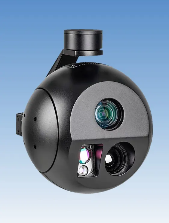 Black three-sensor HITS gimbal camera payload with 30x optical zoom, uncooled thermal channel and laser rangefinder